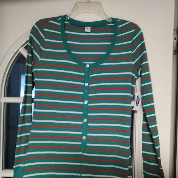 New Old Navy Green Striped One Piece Thermal Pajamas Size Women's Small - Picture 2 of 2